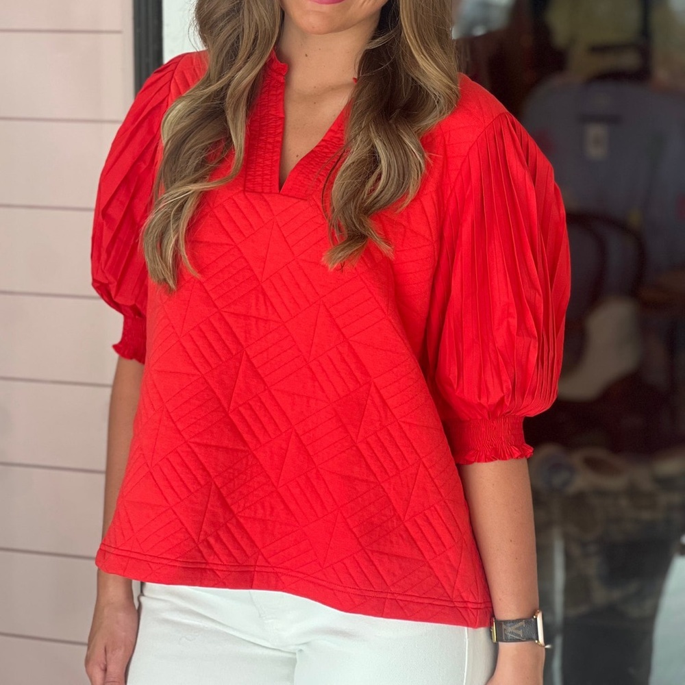 Entro Red Quilted Blouse Top Puff Sleeve V neck pleat boutique Small grannycore